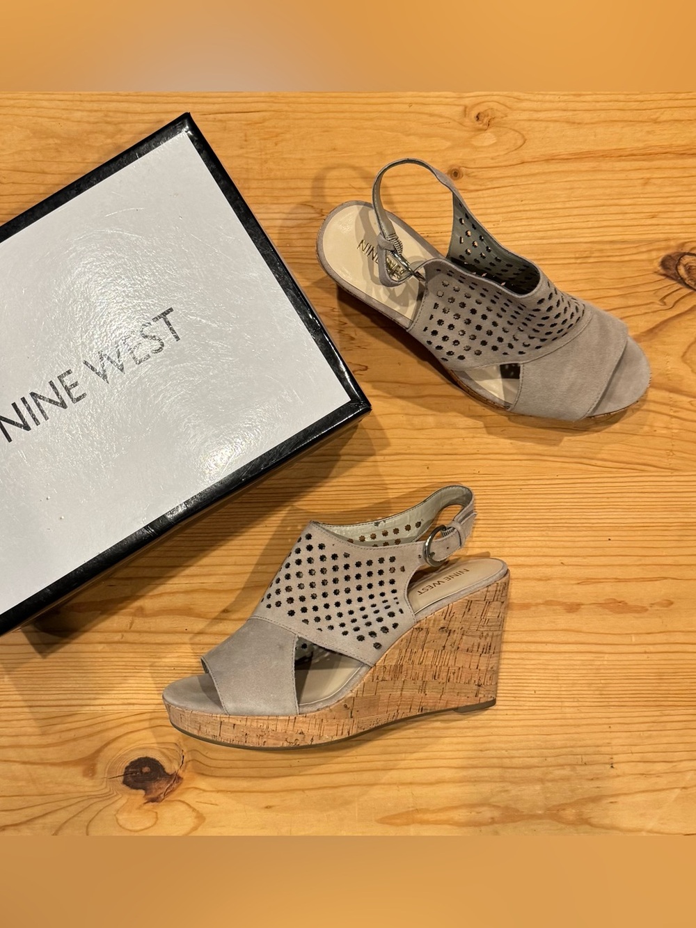 Nine West Taupe Suede Perforated Cork Wedges